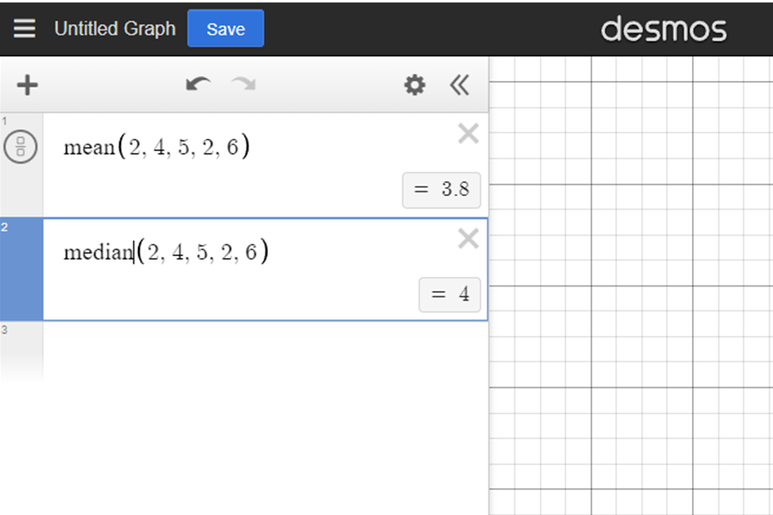 Desmos calculates the mean of 2, 4, 5, 2, 6 as 3.8 and the median as 4.